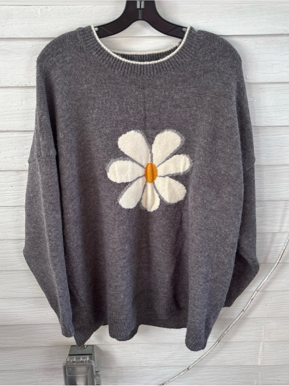BloomChic Gray Crewneck Sweater with White Daisy and Yellow Center - Picture 2 of 4